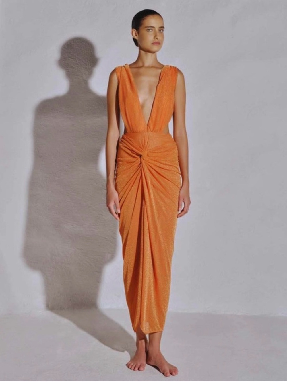 Baobab Collection Orange Plunge Draped Midi Dress